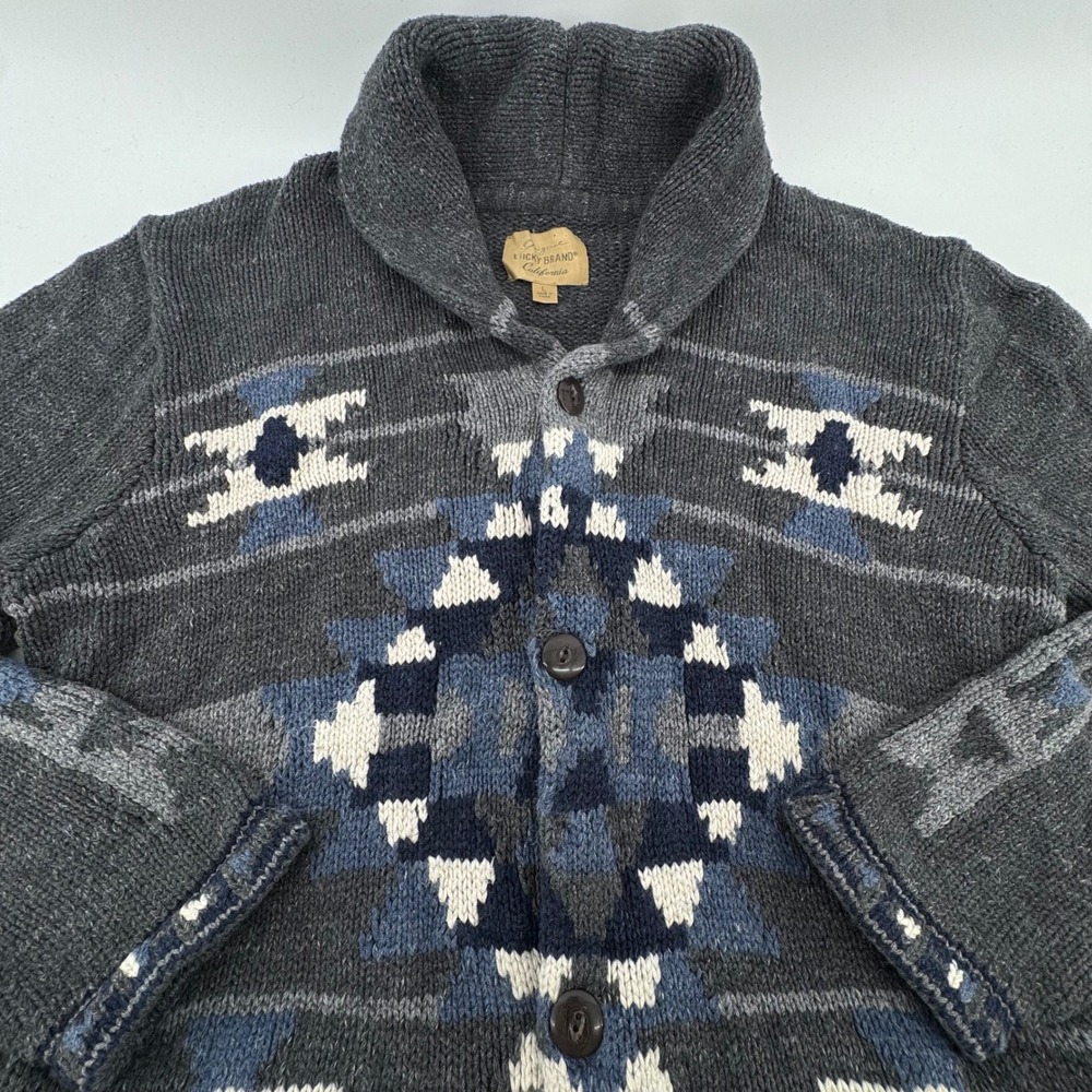 Lucky Brand Cardigan Mens Large Grey Southwestern Shawl Collar Button Sweater